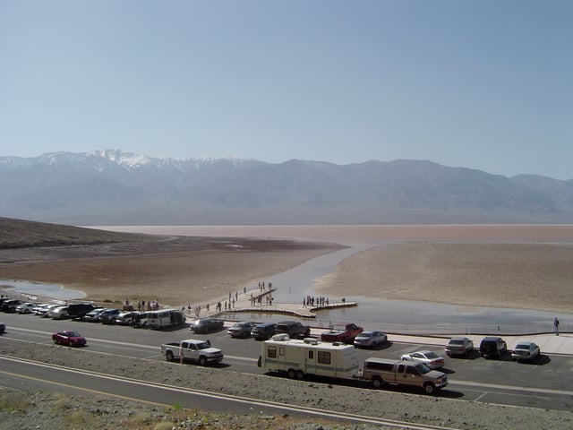 Ephemeral 'Lake Badwater', a lake only noted after heavy winter and spring rainfall, Badwater Basin, Death Valley National Park