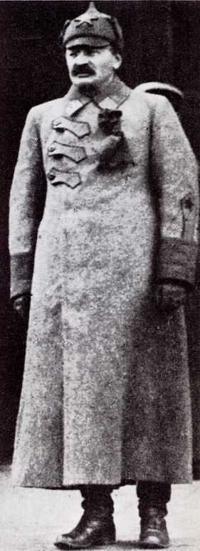 Leon Trotsky in military dress, wearing also the budenovka hat, symbol of the Red Army (1918)