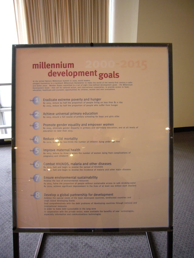 A poster at the United Nations Headquarters in New York City, New York, United States, showing the Millennium Development Goals