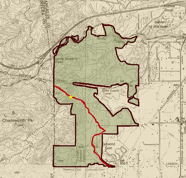 West Chatsworth and the Santa Susana Pass State Historic Park, with the Old Santa Susana Stage Road in red