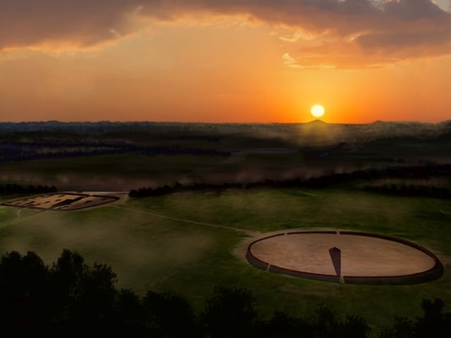 Artists conception of Ohio Hopewell culture Shriver Circle with the Mound City Group to the left