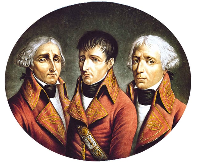 A portrait of the three Consuls, from left to right: Jean Jacques Régis de Cambacérès, Napoleon Bonaparte and Charles-François Lebrun.