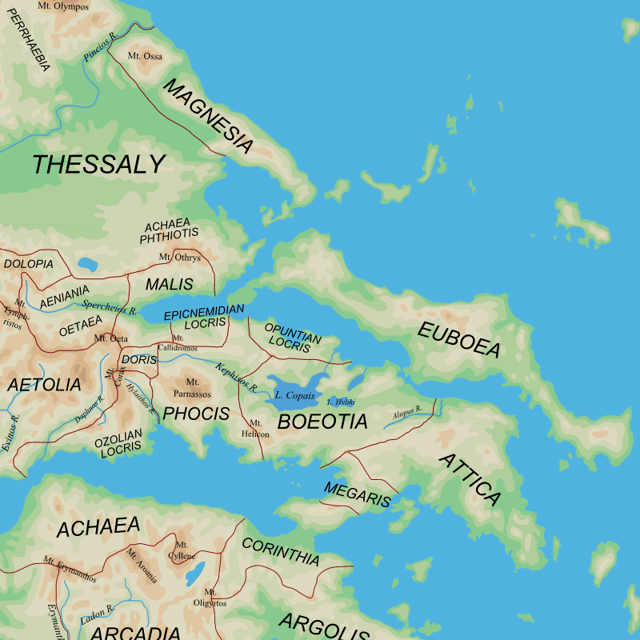 Map showing ancient regions of central Greece in relation to geographical features.