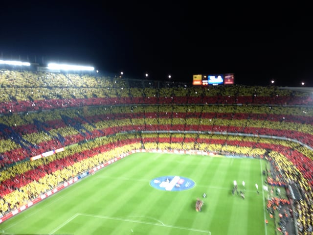 Barcelona fans creating a mosaic of the Catalan flag before a 2012 El Clasico at the Camp Nou