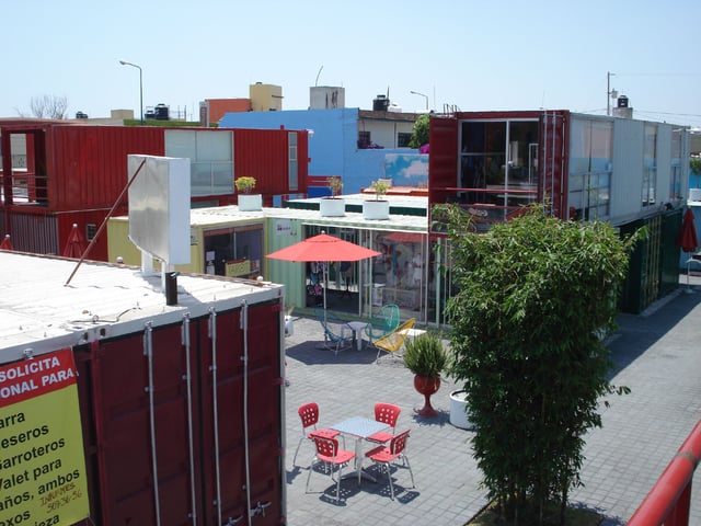 Container City in Cholula, Mexico uses fifty old sea containers for 4,500 m2 (48,000 sq ft) of workshops, restaurants, galleries, etc., as well as some homes.