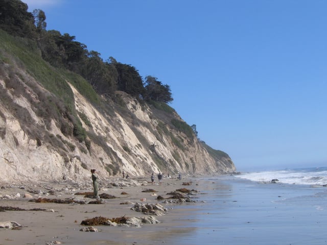 Eastward view of the coastal bluffs of the Douglas Family Preserve park from Arroyo Burro Beach.