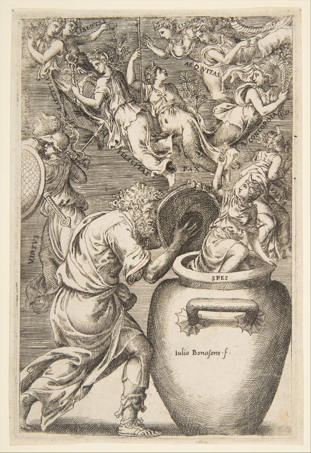 Giulio Bonasone’s 16th century engraving of Epimetheus opening the fatal jar