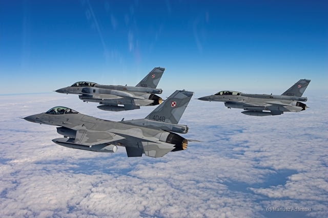 Polish Air Force F-16s, a single-engine multirole fighter aircraft
