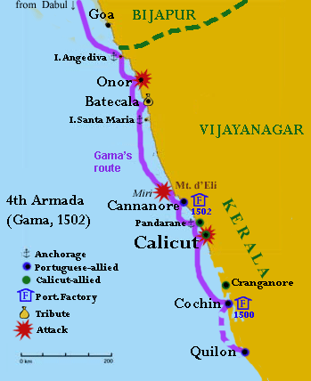 Malabar Coast of India, c. 1500, showing the path of Vasco da Gama's 4th India Armada in 1502