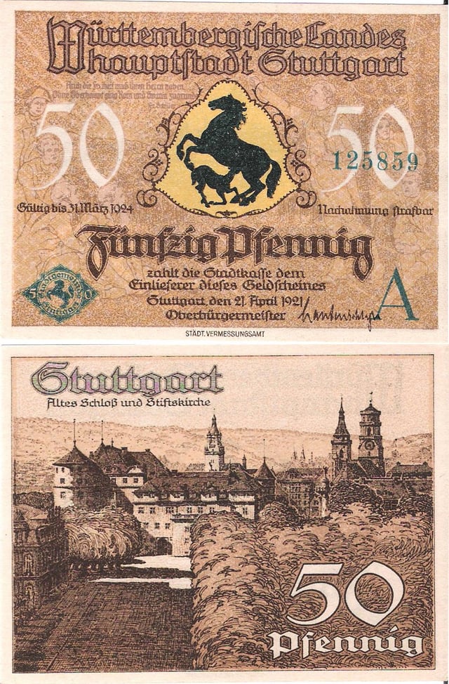 Front and back sides of a 50-pfennig Notgeld  from 1921 featuring the state capital, Stuttgart.