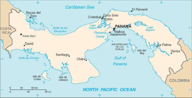 Location of Panama between Pacific (bottom) and Caribbean (top), with canal at top center
