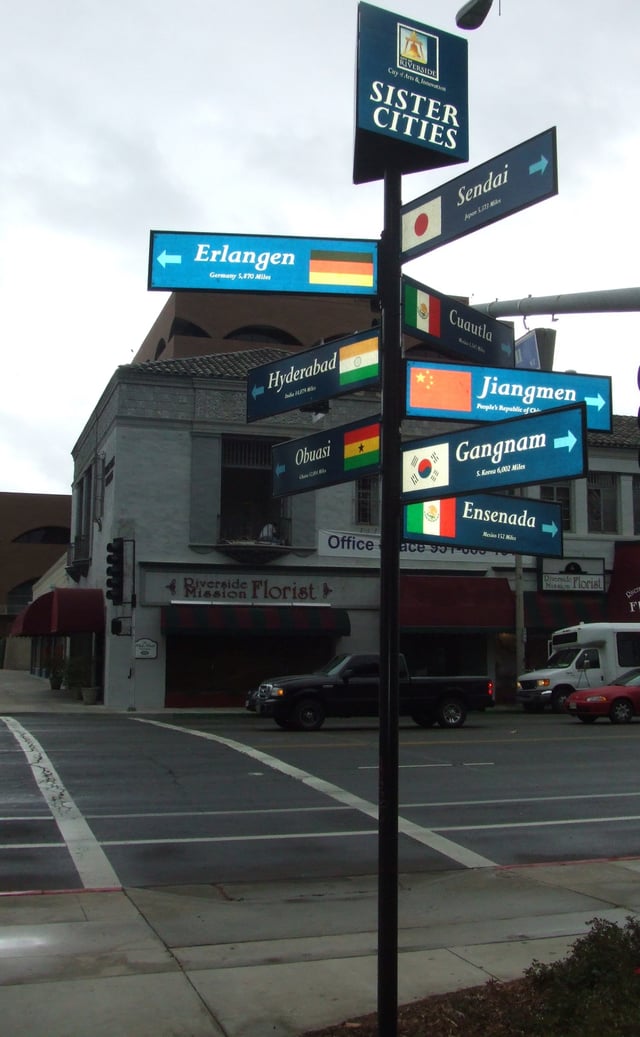 Riverside, California's sister city sign in front of White Park in downtown Riverside.