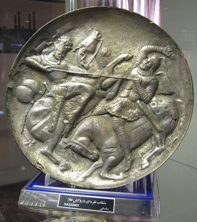 Sassanian silver plate showing lance combat between two nobles.