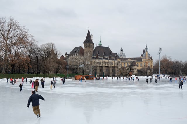 The City Park Ice Rink located in the City Park, the Vajdahunyad Castle is in the background