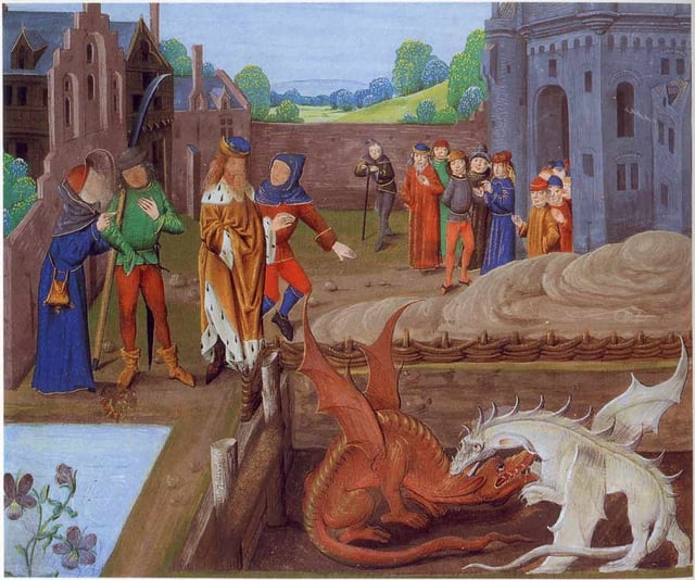 Fifteenth-century manuscript illustration of the battle of the Red and White Dragons from Geoffrey of Monmouth's History of the Kings of Britain