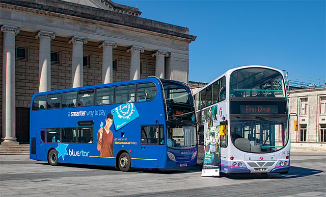 Bluestar and First buses outside the Guildhall