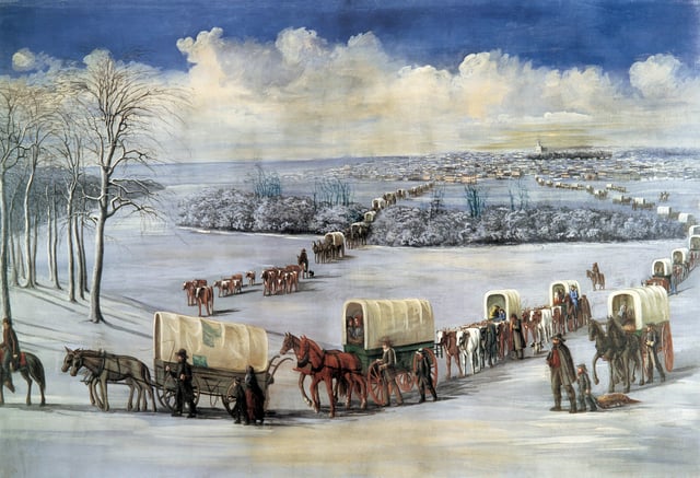 Mormon pioneers crossing the Mississippi on the ice