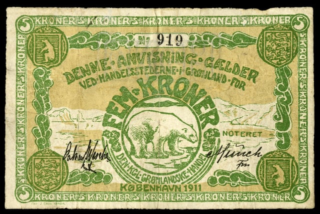 Greenland's 1911 five kroner note depicting a polar bear