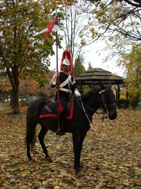 A mounted trooper of the Cavalry Troop in ceremonial dress.
