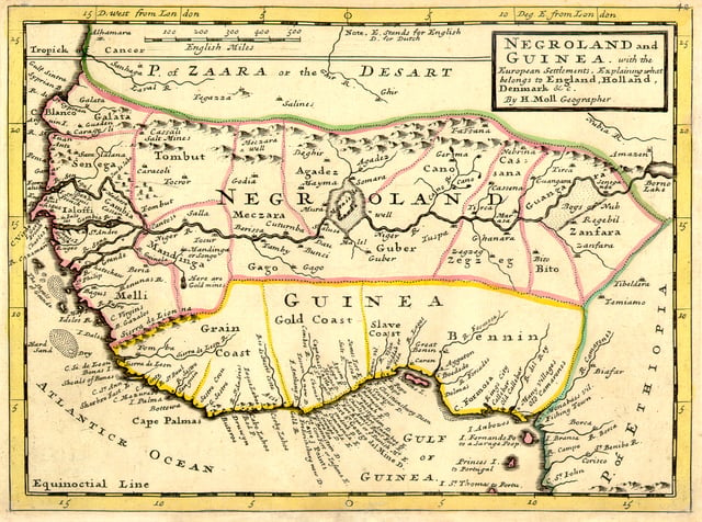 A European map of West Africa and the Grain Coast, 1736. It has the archaic mapping designation of Negroland.
