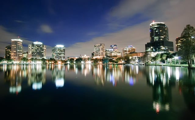 Night view of the Orlando skyline in 2010.