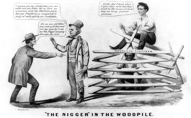 Anti-abolitionist cartoon from the 1860 presidential campaign illustrating colloquial usage of "Nigger in the woodpile"