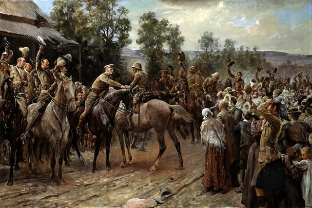 The Relief of Ladysmith. Sir George Stuart White greets Major Hubert Gough on 28 February. Painting by John Henry Frederick Bacon (1868–1914)