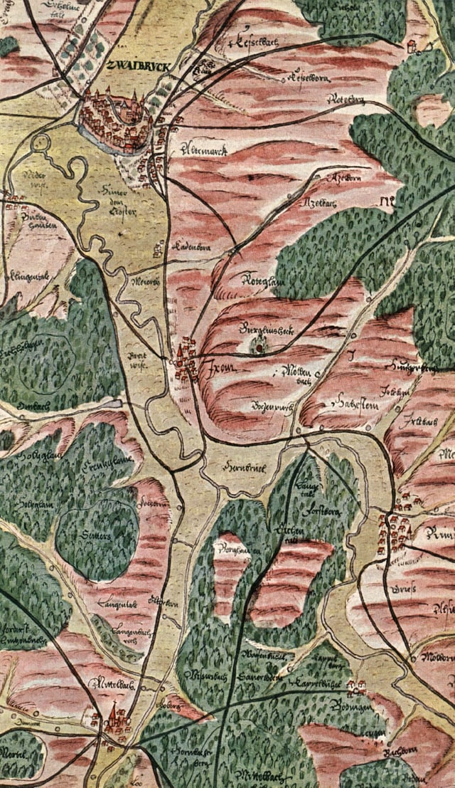 Zweibruecken on a map from 1564 by Tilemann Stella