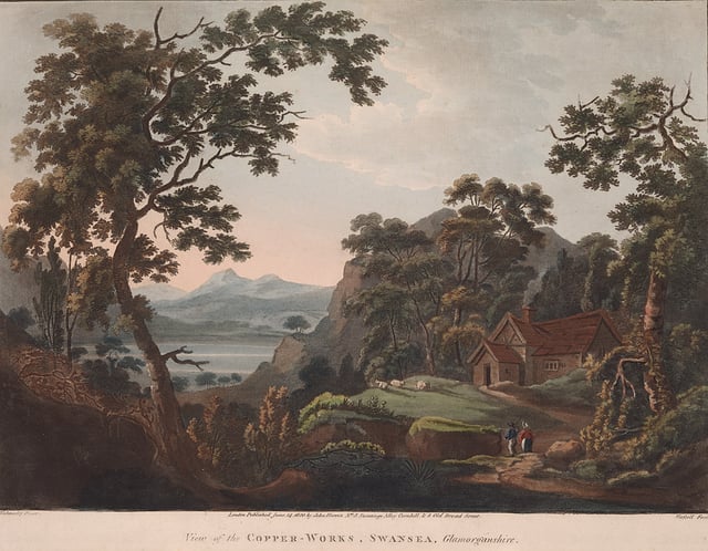 A romanticised depiction of early copper smelting works in the Lower Swansea Valley (c. 1800)