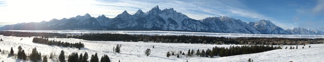 Panoramic view of the Teton Range looking west from Jackson Hole, Grand Teton National Park