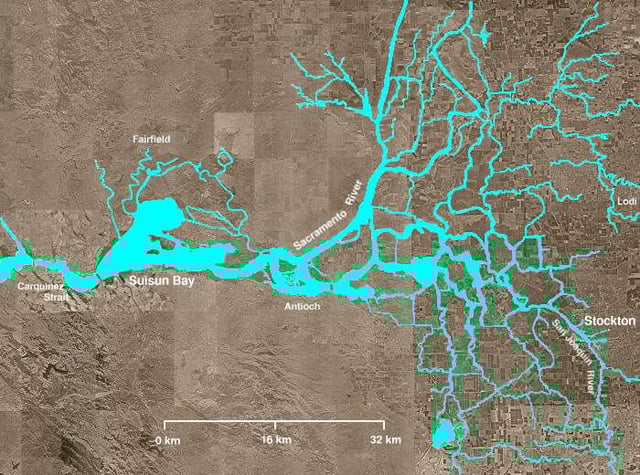 Stockton in relation to the Sacramento–San Joaquin River Delta.
