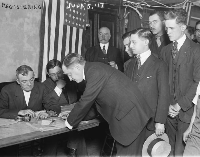 Young men registering for conscription, New York City, 5 June 1917