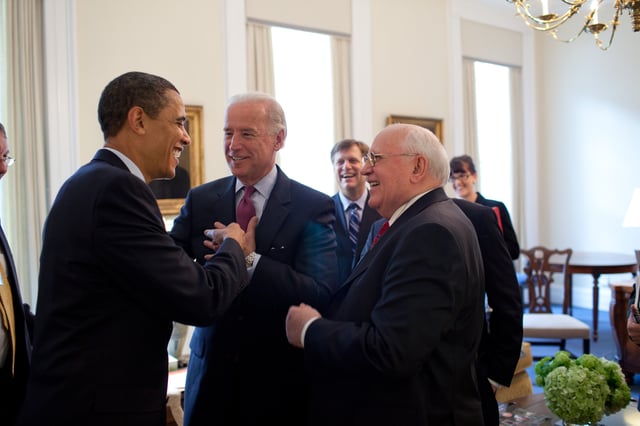 Gorbachev (right) being introduced to U.S. President Barack Obama by U.S. Vice President Joe Biden, March 2009