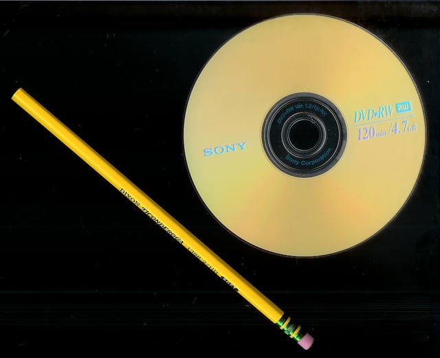 Size comparison: a 12 cm DVD+RW and a 19 cm pencil