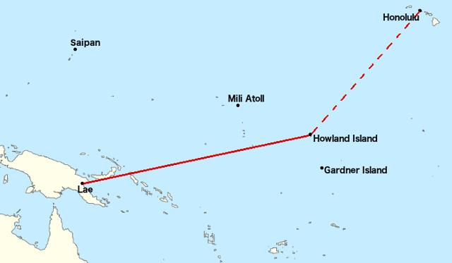 Earhart's flight was intended to be from Lae Airfield to Howland Island, a trip of 2,556 miles (2,200 nmi; 4,100 km). This leg was the longest of the planned flight, the length was close to the maximum range of the plane, and the destination was a small island in a large ocean.