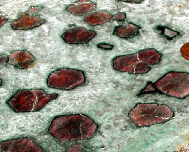 Eclogite with centimeter-size garnet crystals.