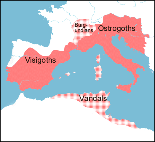 Map of the realm of Theodoric the Great at its height in 523, following the annexation of the southern parts of the Burgundian kingdom. Theoderic ruled both the Visigothic and Ostrogothic kingdoms and exerted hegemony over the Burgundians and Vandals.