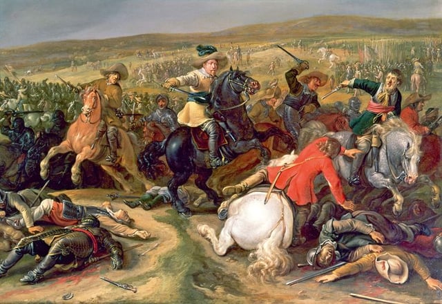 Swedish king Gustavus Adolphus leading a cavalry charge, 1634