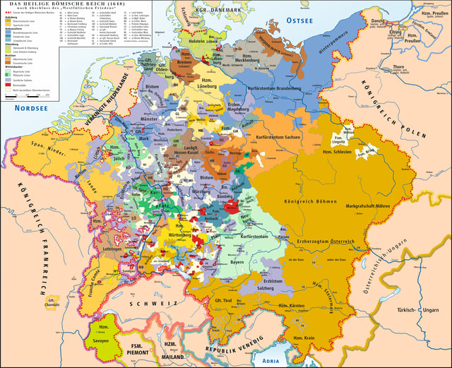 The Holy Roman Empire in 1648, after the Peace of Westphalia, which ended the Thirty Years' War