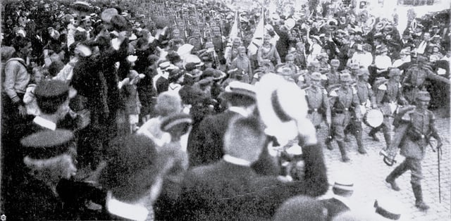 German soldiers being cheered in Lübeck during their advance to the front lines in 1914 during World War I, as the concept of the "Spirit of 1914" by Johann Plenge identified the outbreak of war as forging national solidarity of Germans