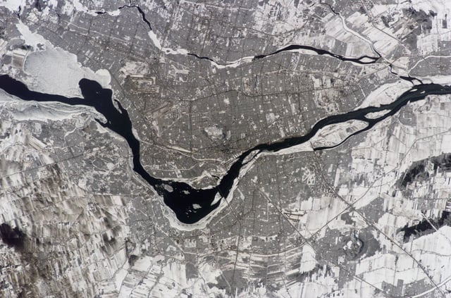 The island of Montreal at the confluence of the Saint Lawrence and Ottawa rivers.