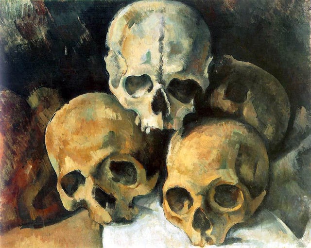 Pyramid of Skulls, c. 1901, The dramatic resignation to death informs several still life paintings Cézanne made in his final period between 1898 and 1905 which take the skulls as their subject. Today the skulls themselves remain in Cézanne's studio in a suburb of Aix-en-Provence.