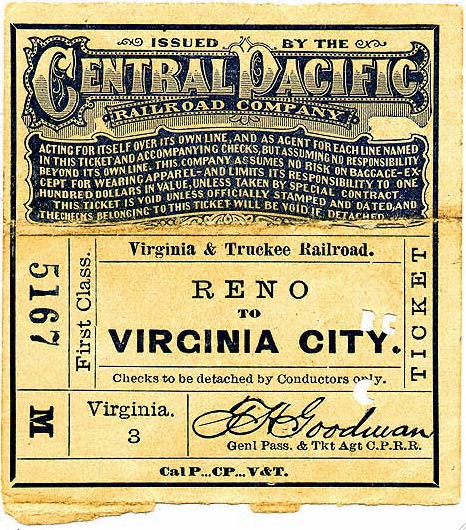 CPRR issued ticket for passage from Reno to Virginia City, NV on the V&TRR, 1878