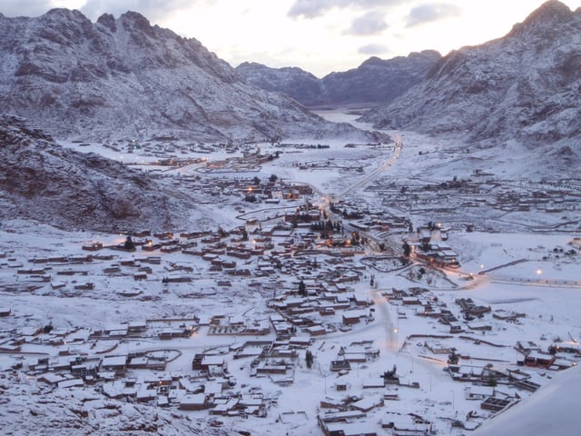 Saint Catherine in southern Sinai, on a snowy winter morning.
