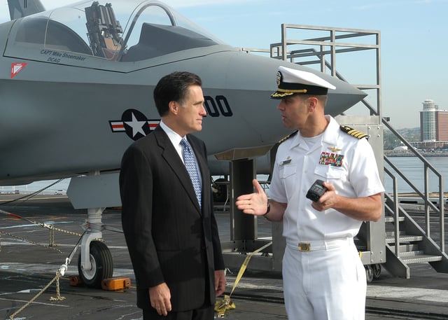 Governor Romney received a tour of the aircraft carrier USS John F. Kennedy on May 20, 2005 as part of celebrating Armed Forces Day