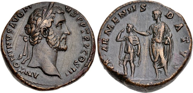 Roman coin of 141 AD, showing emperor Antoninus Pius holding a crown on the Armenia King's head