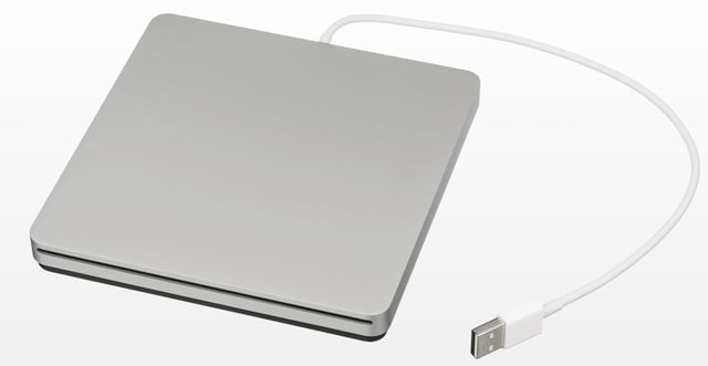 The Retina MacBook line has no internal optical drives. External drives such as Apple's SuperDrive (pictured) must be used instead.
