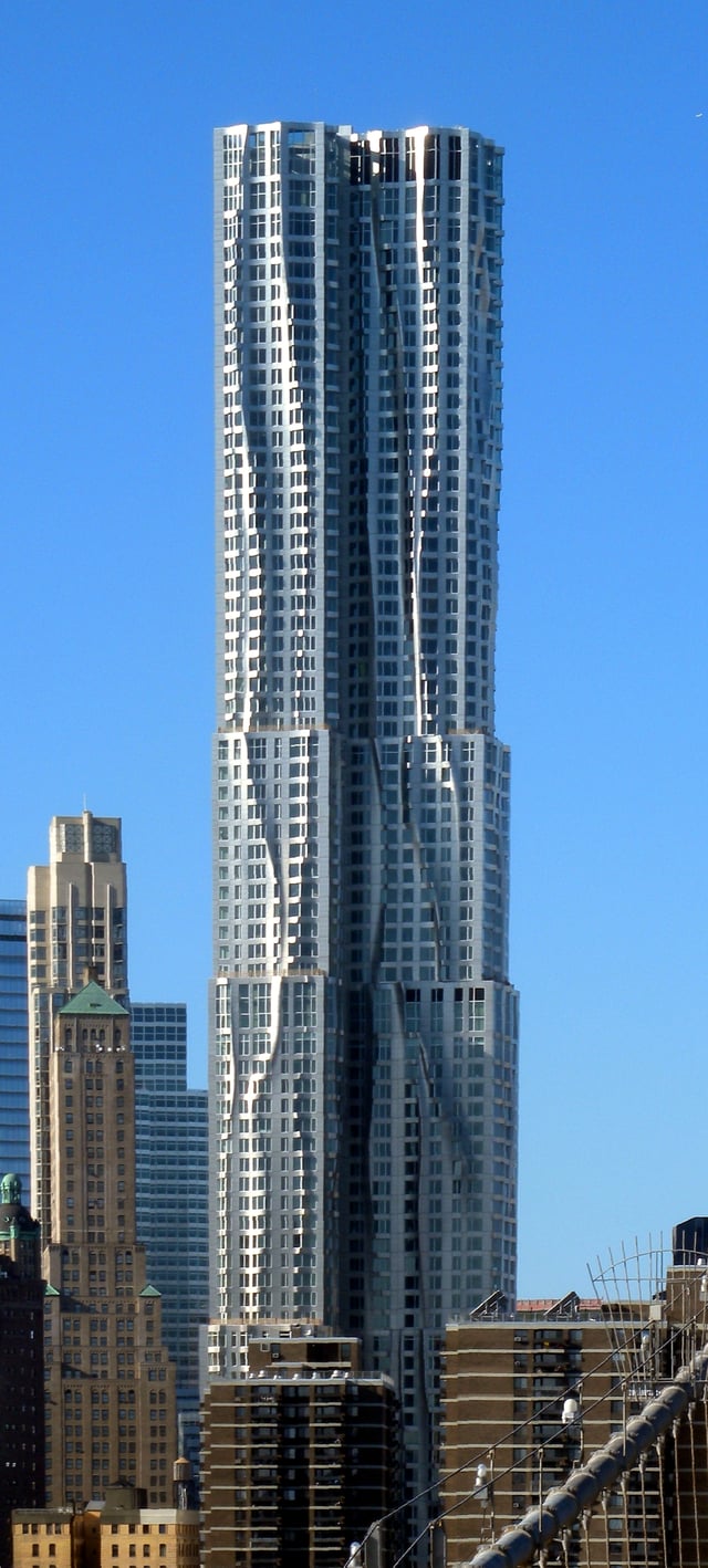 The tower at 8 Spruce Street in Lower Manhattan, completed in February 2011, has a stainless steel and glass exterior and is 76 stories high (2011)