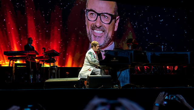 Elton John performing a tribute to the late George Michael at Twickenham, London in June 2017
