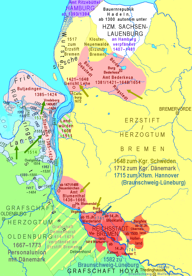 14th to 18th century: territories of the Free City of Bremen (red) and of the Archbishopric of Bremen (yellow); straits between lower Weser and Jadebusen